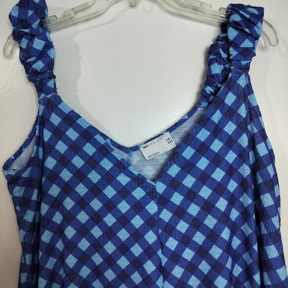 4682) Asos Design Blue Check Puff Sleeve Trapeze Maxi Dress Size 8 - Picture 6 of 9